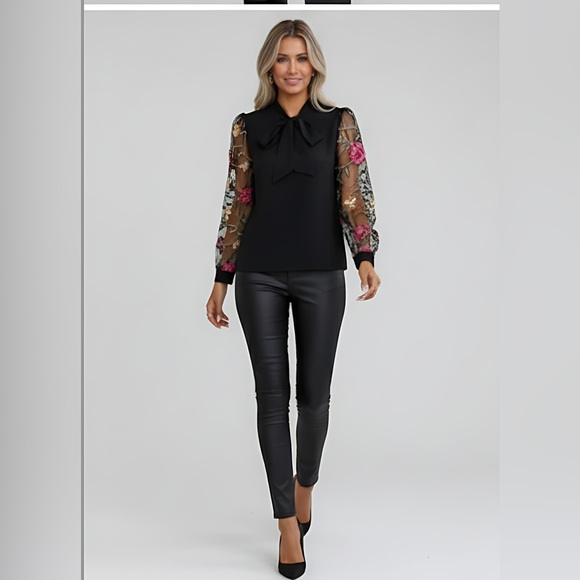 Floral Embroidery Mesh Sleeve Tie Neck Blouse Black - Picture 4 of 8